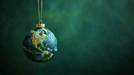 Wall Mural - Eco-Friendly Christmas Ornament Shaped Like Mother Earth, Hanging Green Planet Ball for Holiday Eco-Awareness Design, Stop Overconsumption, Copy Space.