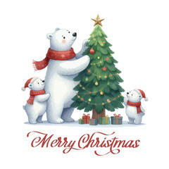 Wall Mural - Cute watercolor illustration of a family of northern polar bears with Christmas tree.