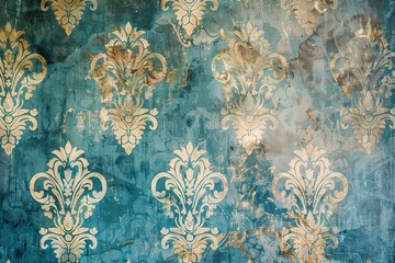 Poster - A wall with a blue and gold floral pattern