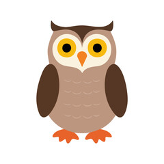 Flat vector illustration of a stylized owl with brown body, yellow eyes, and orange beak, minimalistic cartoon design, plain white background