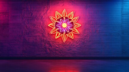 Poster - red and blue glowing flower on the wall.