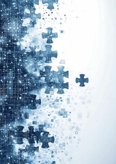 Poster - The Final Piece: Abstract puzzle concept image. Blue puzzle pieces fading into digital data. One piece separates from the others, symbolizing the last step to completion.