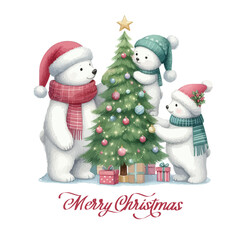Wall Mural - Cute watercolor illustration of a family of northern polar bears with Christmas tree.