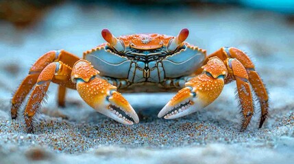 Poster - A vibrant orange crab moves gracefully across the sandy beach, its sharp claws raised slightly, showcasing its unique texture and color against the backdrop of sunlit grains