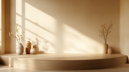 Wall Mural - Serene Minimalist Wooden Display: Perfect for Product Photography - Calm, minimalist, wooden platform, sunlight, dried flowers, neutral tones.  Represents peace, simplicity, and natural beauty.