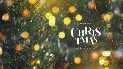 Wall Mural - merry christmas and happy new year concept, close up, elegant christmas tree on blurred snowfall and