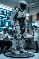 Poster - Futuristic exoskeleton technology in a high-tech laboratory setting