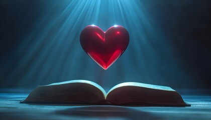 Poster - A Vibrant Red Heart Floating Above an Open Book Under Soft Blue Light with Rays of Light Creating a Magical Atmosphere for Love and Knowledge Themes