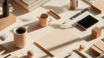 Aufkleber - Minimal desktop scene, featuring neutral tones and scattered objects