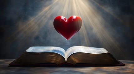 Poster - Heart Symbol Above Opened Book Under Illuminating Light Beams, Representing Love, Knowledge, and Spiritual Enlightenment in A Mystical Atmosphere
