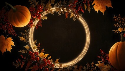 Wall Mural - A dark background with a glowing circle frame. Autumn leaves, berries, and pumpkins are arranged around the circle.

