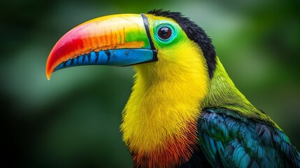 Poster - A tropical toucan stands prominently, displaying its stunning beak in vibrant hues of red, yellow, and blue. Surrounded by lush foliage, this close encounter captures nature's vivid beauty