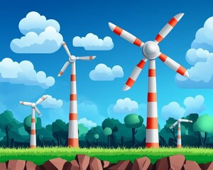 A vibrant illustration of wind turbines amidst lush greenery and fluffy clouds, showcasing renewable energy in a scenic landscape.