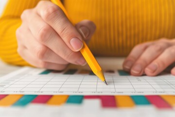 Poster - A person in a yellow sweater is holding a pencil, focusing on a colorful chart or graph on a table.