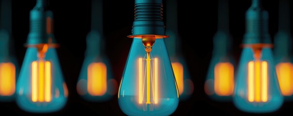 Poster - A captivating display of glowing light bulbs against a dark background, featuring vibrant blue and orange hues.