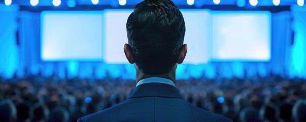 Poster - A man in a suit stands before a large audience, facing multiple screens illuminated by blue light, creating an atmosphere of anticipation.