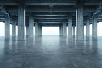 Poster - A vast, empty concrete space with exposed pillars and a light-filled opening, creating a minimalist industrial atmosphere.
