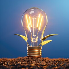 Poster - A glowing light bulb with green leaves emerging from the base, symbolizing innovation and sustainability in energy.