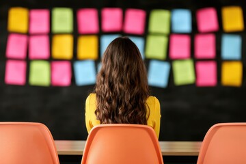 Poster - A person sits in front of a wall covered in colorful sticky notes, contemplating ideas and creativity.