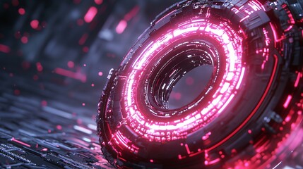 Poster - Futuristic Neon Ring with Glowing Pink Light in Digital Space
