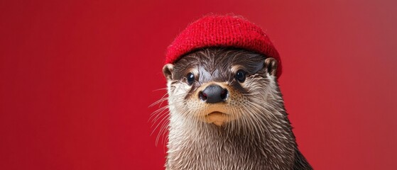 Wall Mural - Otter wearing a red hat. AI.