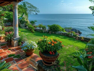 Wall Mural - Ocean view from a beautiful garden. AI.