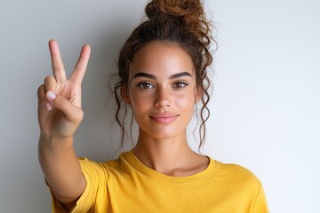 Confident Brazilian woman giving a stop sign while wearing a yellow t-shirt against a clean white background