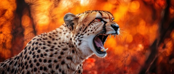 Canvas Print - A cheetah roars against a fiery background. AI.