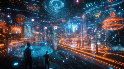 Poster - Futuristic digital cityscape virtual reality realm concept art vibrant environment wide angle innovation showcase