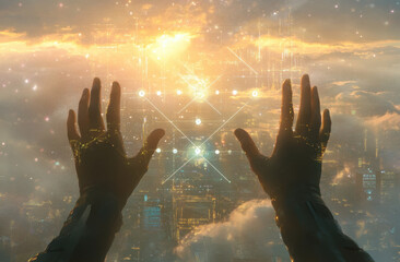 Aufkleber - A pair of hands reach for the sky, illuminating a digital network connection in the background, creating a sense of wonder at the future potential of technology.