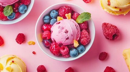 Wall Mural - Colorful berry and ice cream dessert on pink background