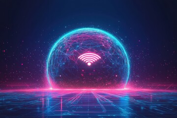 Poster - Futuristic digital wireless technology symbol in neon dome
