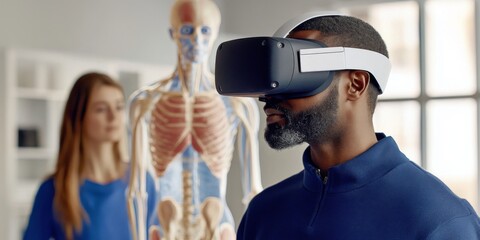 Aufkleber - A man is immersed in a virtual reality experience, wearing a VR headset. Behind him, a skeletal model highlights the connection between technology and anatomy. 