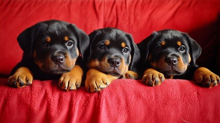 cachorros de rottweiler sobre un sofá rojo, concepto de mascotas y salud veterinaria