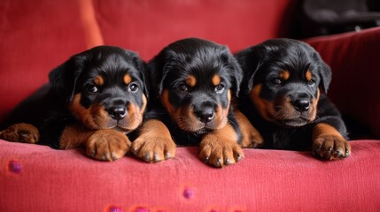 cachorros de rottweiler sobre un sofá rojo, concepto de mascotas y salud veterinaria