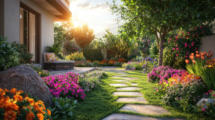 tiled path in home garden in summer, beautiful design of landscaped house backyard or yard. concept 