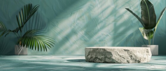 Wall Mural - Stone display pedestal on a teal surface, surrounded by soft sunlight and shadows of tropical plants. A natural and serene product backdrop