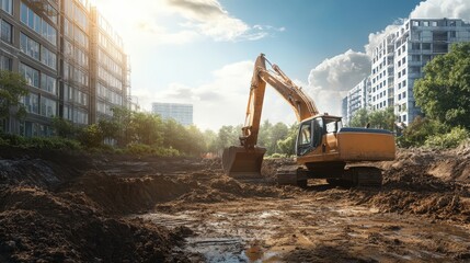 Poster - The process of building construction begins with site preparation, which includes clearing land, leveling, and excavating the area for the foundation.