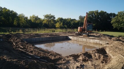 Poster - The process of building construction begins with site preparation, which includes clearing land, leveling, and excavating the area for the foundation.