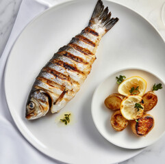 Wall Mural - plate of grilled fish and potatoes