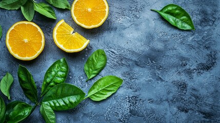 Poster - Fresh orange slices and leaves on a textured dark surface