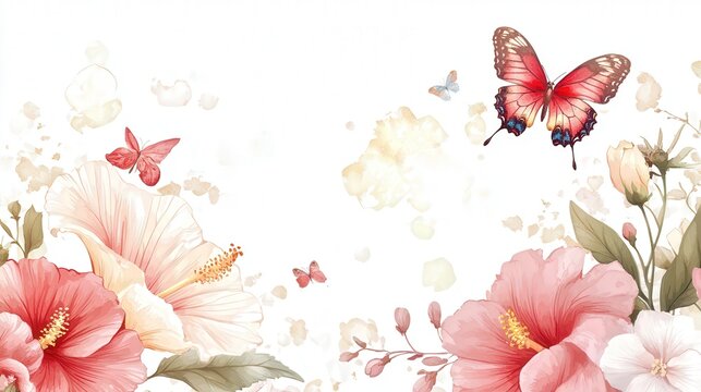 transparent floral background with hibiscus, roses, and peonies