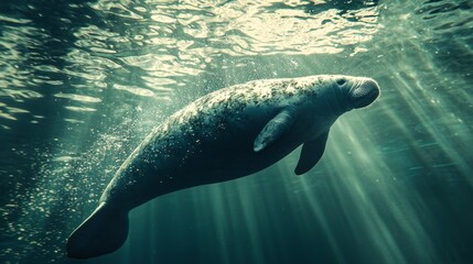 Poster - Beneath shimmering waters, a West Indian manatee glides effortlessly, illuminated by beams of sunlight filtering through the surface. This tranquil aquatic scene showcases nature's beauty