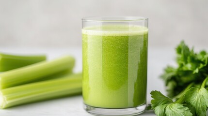 Wall Mural - Delicious slow-cooked beef with potatoes and fresh green juice served alongside celery on a white background