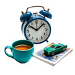 © dobok - A vintage clock and miniature car next to a coffee cup and fashion magazines isolated on a transparent background