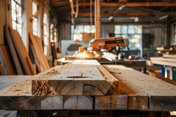 Poster - Interior of a rustic woodworking shop filled with tools, lumber, and shavings during a bright day in a cozy workspace