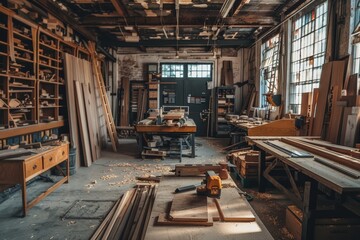 Poster - Interior of a rustic woodworking shop filled with tools, lumber, and shavings during a bright day in a cozy workspace