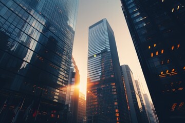 Fototapete - Skyward view of skyscrapers reflecting sunlight in a bustling urban landscape during a clear day