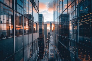 Fototapete - Skyward view of skyscrapers reflecting sunlight in a bustling urban landscape during a clear day