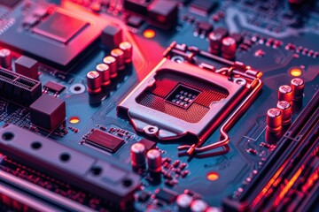 Aufkleber - Close-up view of a computer motherboard showcasing intricate circuitry and components illuminated by colorful LED lighting at night